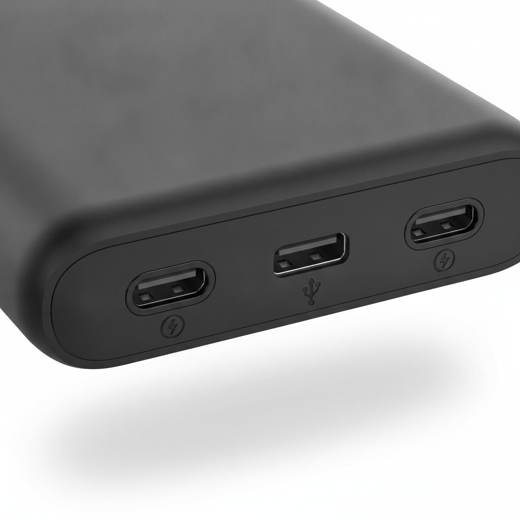 Vue rapprochee des trois ports de sortie de la batterie externe