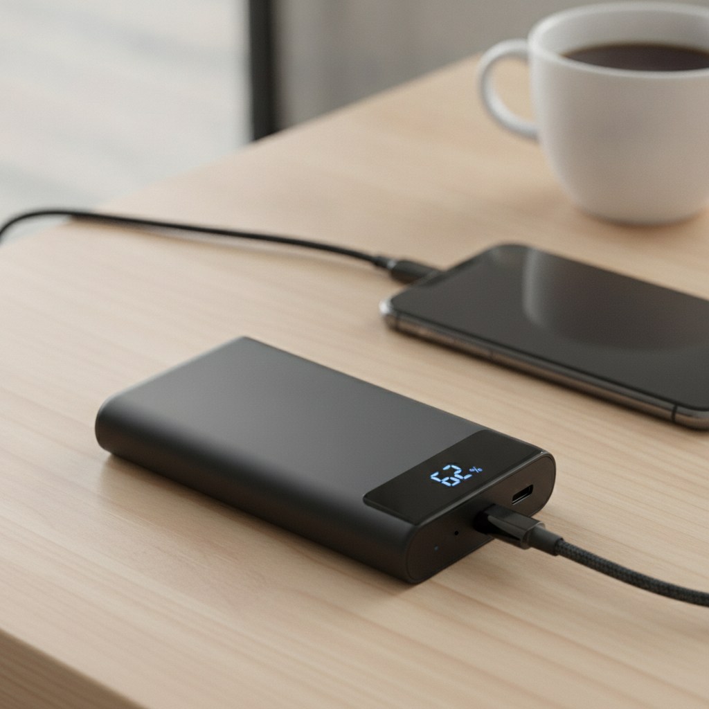 Batterie externe connectee a un smartphone par un cable USB-C sur un bureau
