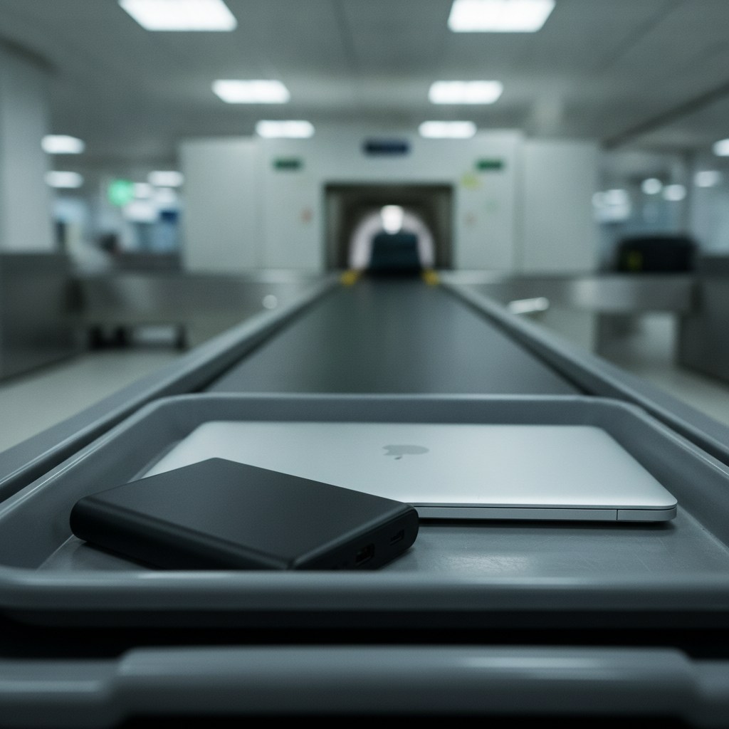 Batterie externe dans un bac de securite aeroportuaire avec un ordinateur portable