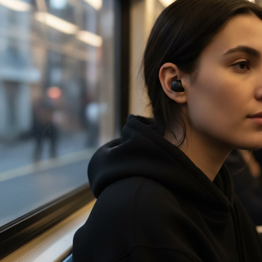 Personne portant les ecouteurs intra-auriculaires noirs dans les transports en commun