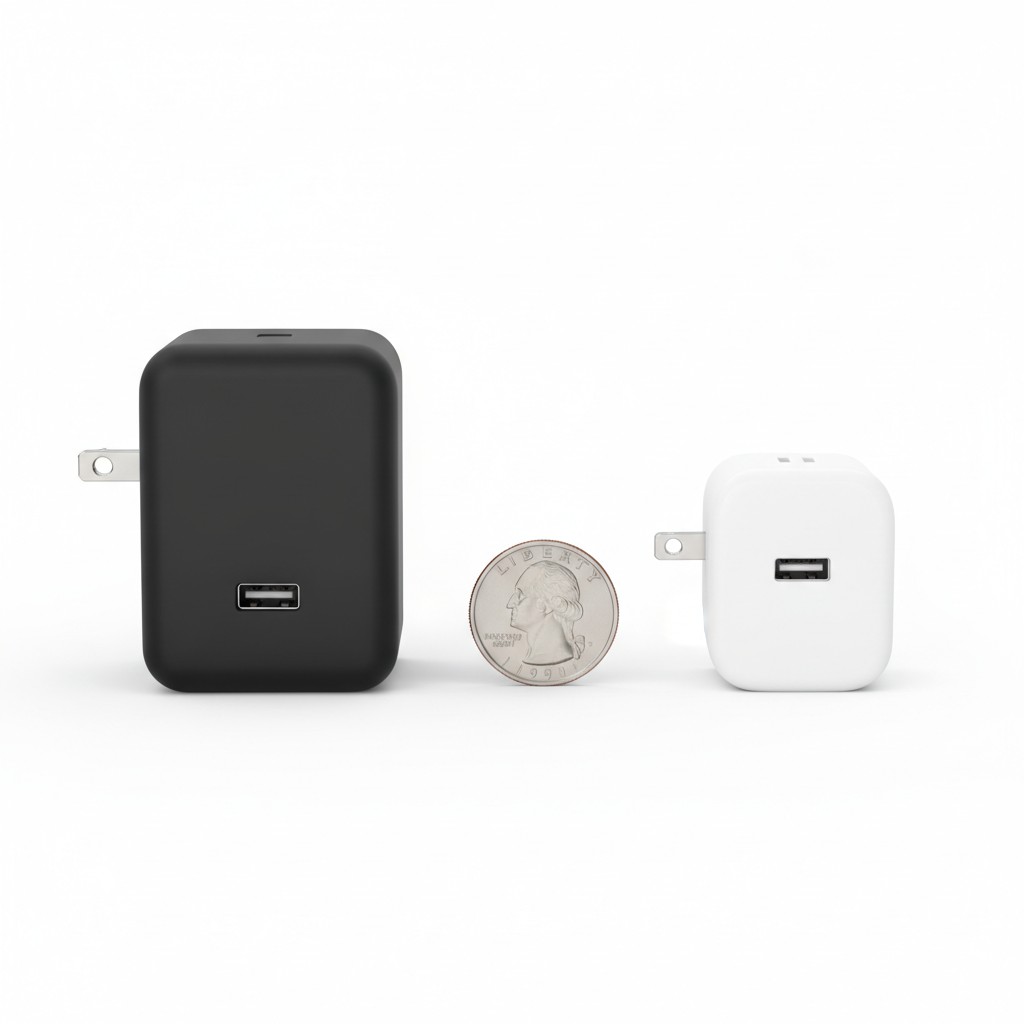 Comparaison de taille entre un chargeur GaN compact et un chargeur classique plus volumineux