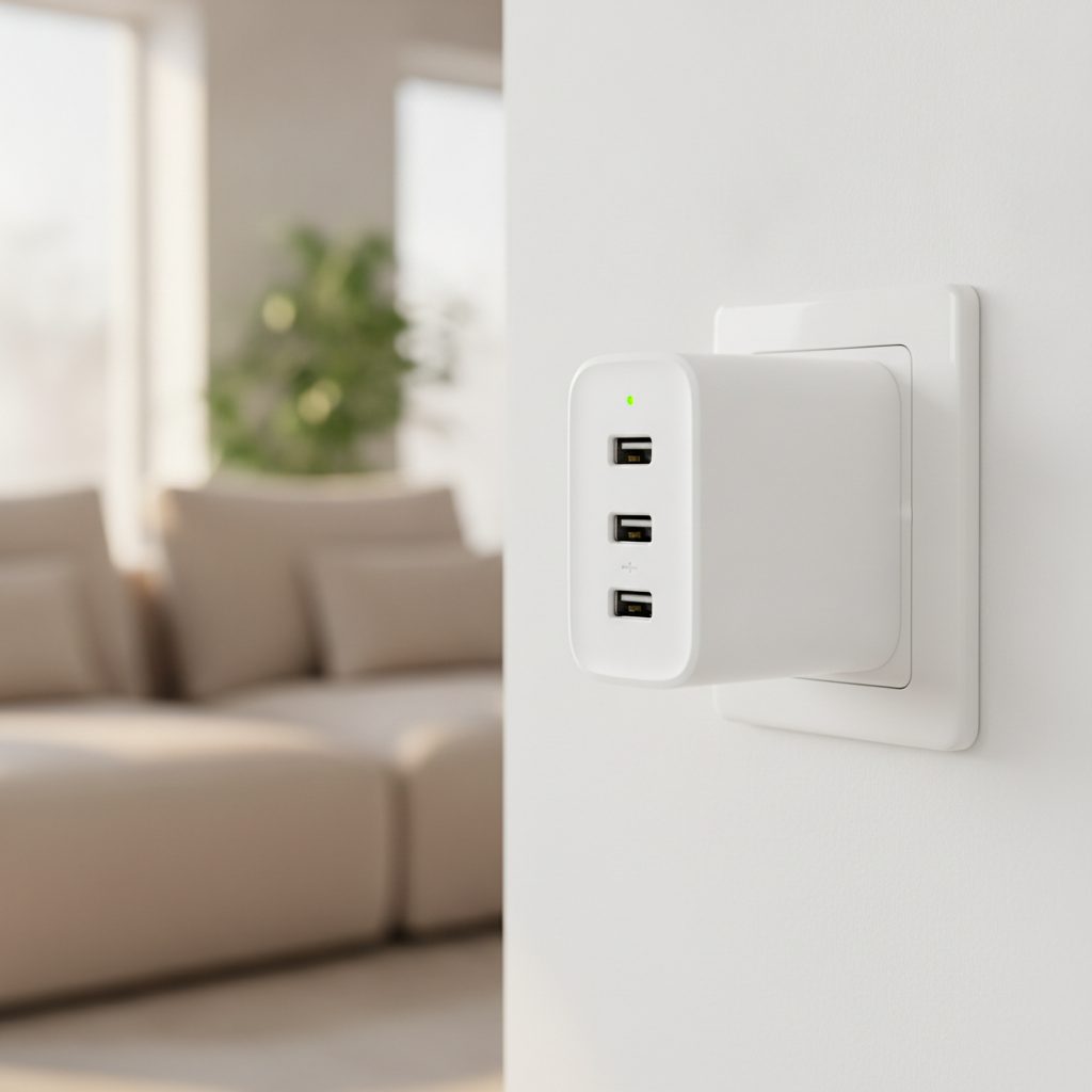 Gros plan sur les ports USB-C d'un chargeur mural avec un voyant LED allume