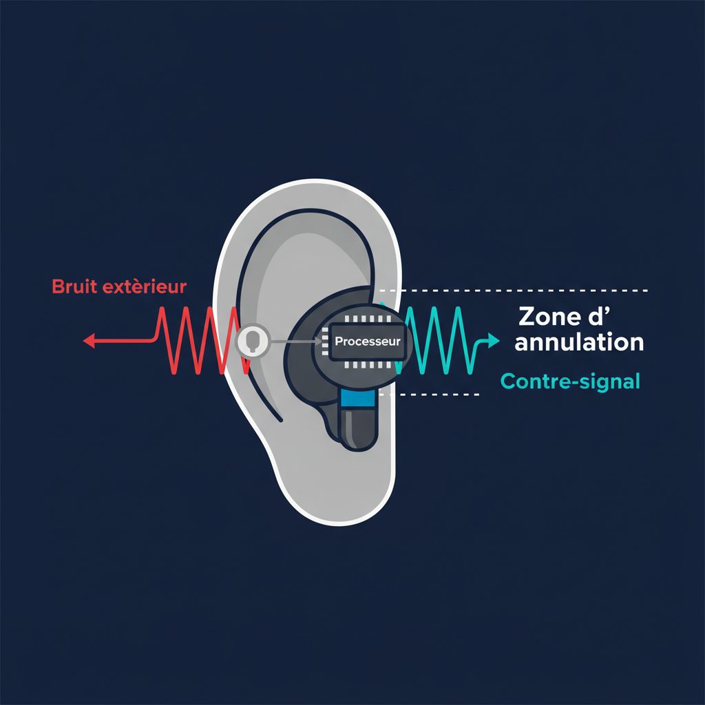 Schema montrant le principe de la reduction de bruit active avec microphone, processeur et contre-signal