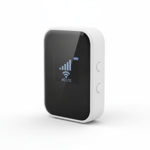 Routeur 4G portable blanc avec ecran noir, vue de face sur fond neutre