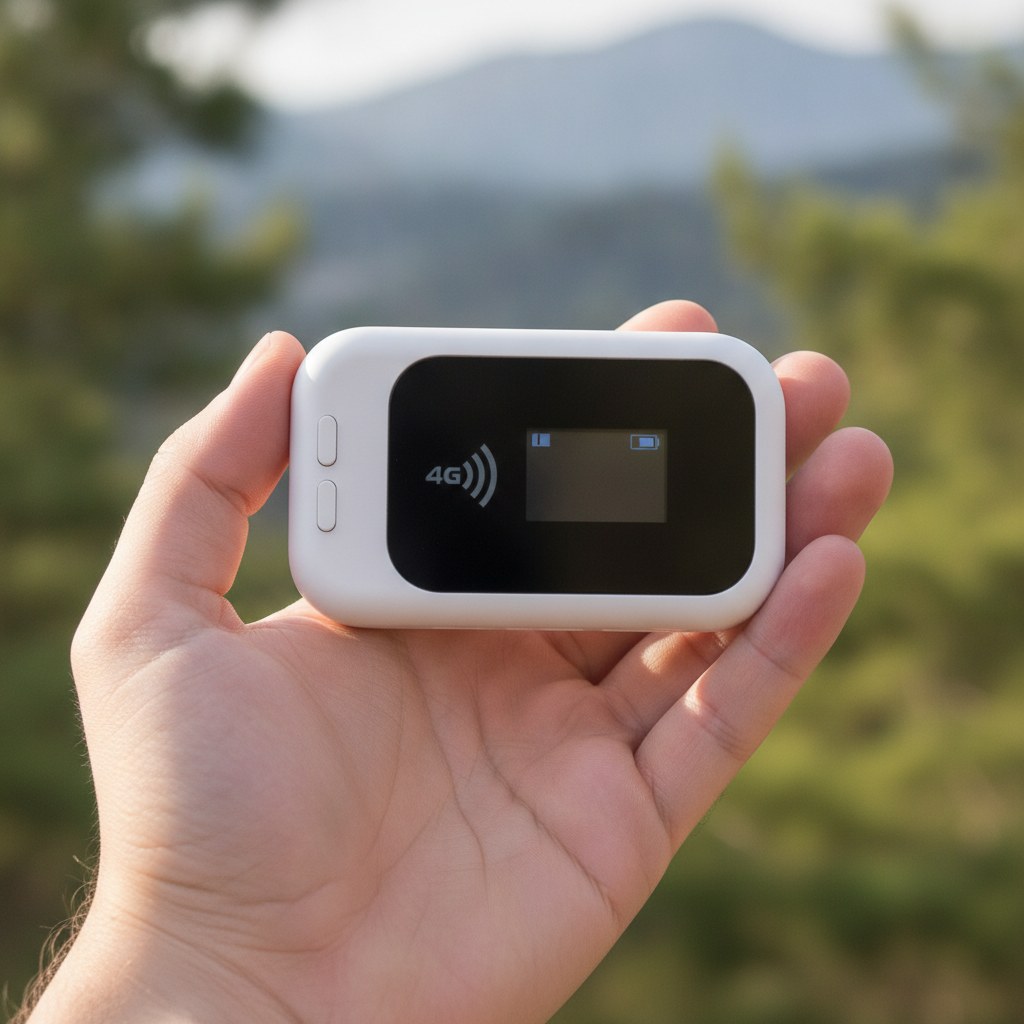 Routeur 4G portable tenu dans une main montrant son format de poche