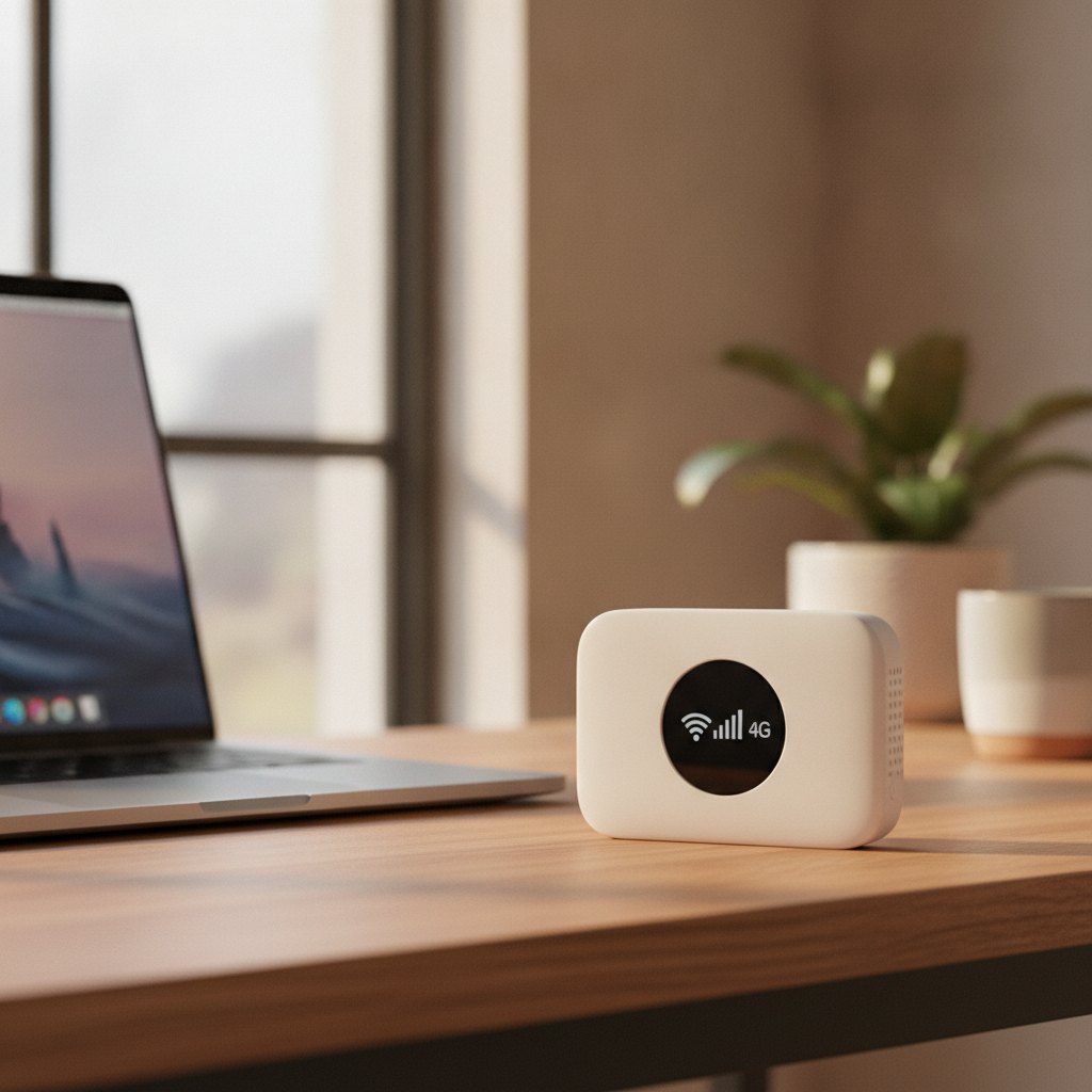 Routeur 4G portable pose sur un bureau a cote d'un ordinateur
